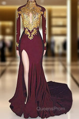 Burgundy mermaid High Neck Long Sleeve Appliques Evening Prom Dress