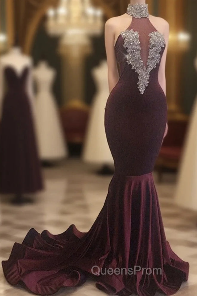 Burgundy Mermaid High Neck Velvet Evening Prom Dress Main image