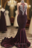 Burgundy Mermaid High Neck Velvet Evening Prom Dress