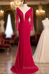 Burgundy Mermaid Lace Long Sleeve Beading Evening Prom Dress