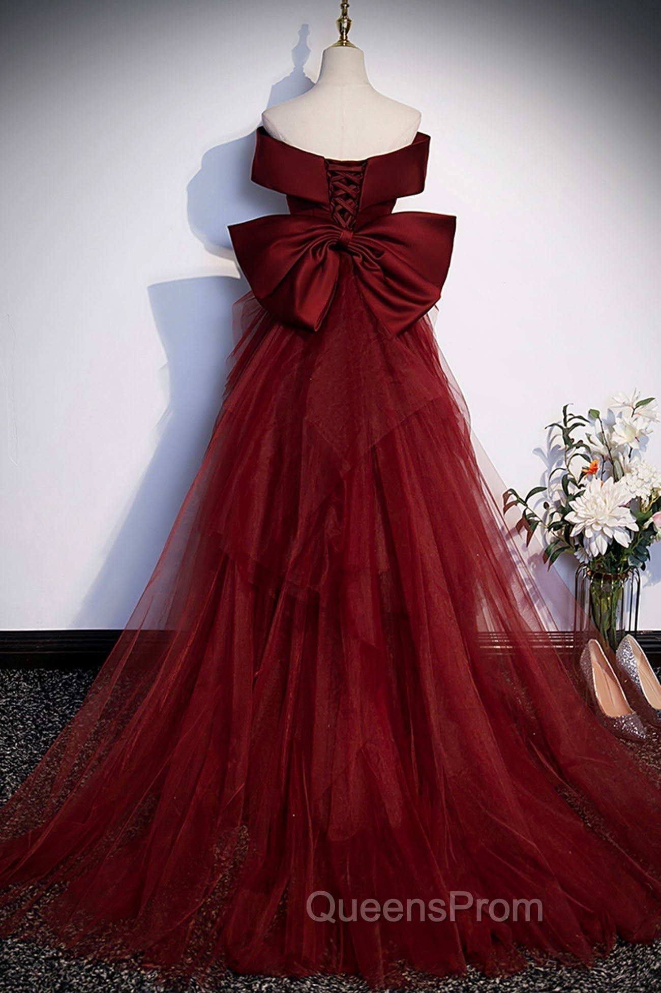 Burgundy Mermaid Long Evening Prom Dress, Off the Shoulder V-Neck Evening Dress Secondary image