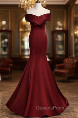 Burgundy Mermaid Long Evening Prom Dress, Off the Shoulder V-Neck Evening Dress