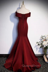 Burgundy Mermaid Long Evening Prom Dress, Off the Shoulder V-Neck Evening Dress