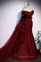 Burgundy Mermaid Long Evening Prom Dress, Off the Shoulder V-Neck Evening Dress