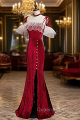 Burgundy Mermaid Long Evening Prom Dress, Velvet Long Evening Dress