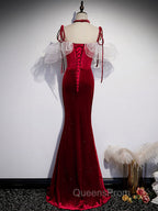 Burgundy Mermaid Long Evening Prom Dress, Velvet Long Evening Dress