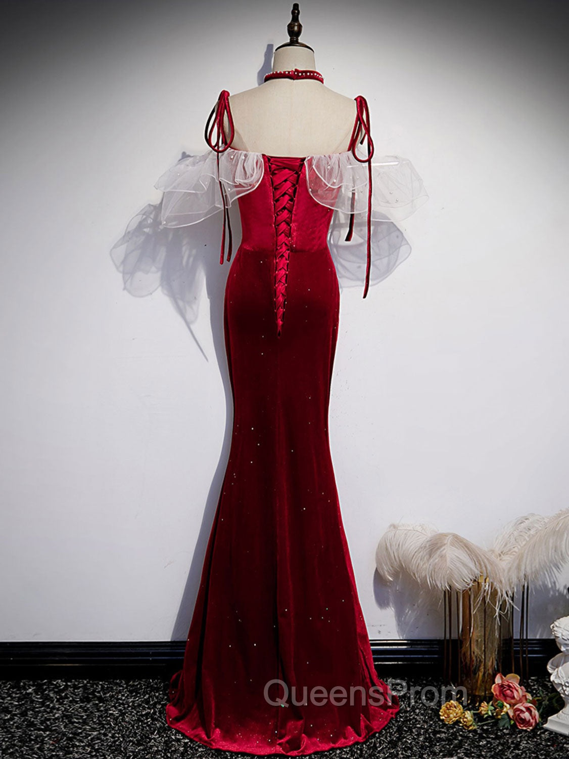 Burgundy Mermaid Long Evening Prom Dress, Velvet Long Evening Dress