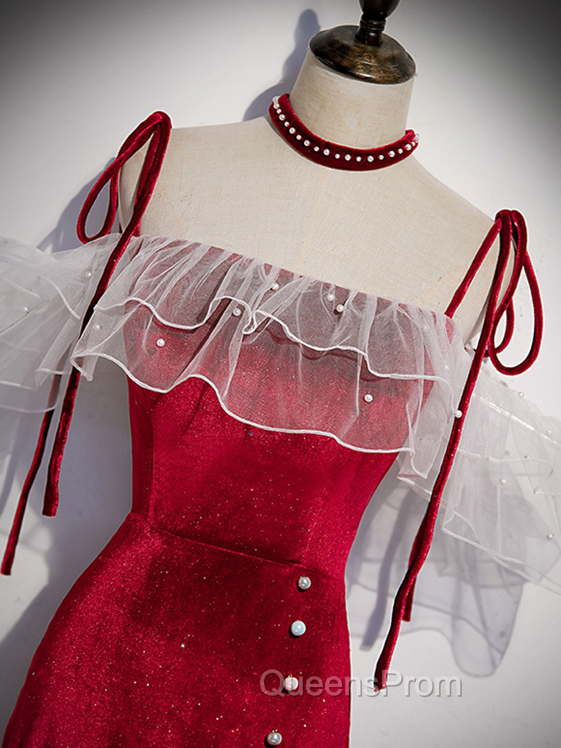 Burgundy Mermaid Long Evening Prom Dress, Velvet Long Evening Dress