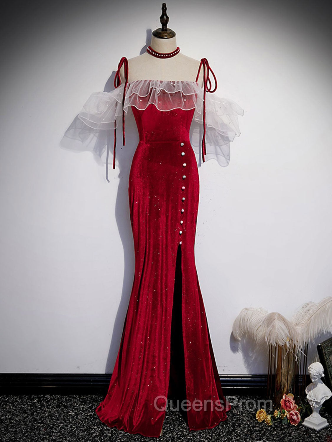 Burgundy Mermaid Long Evening Prom Dress, Velvet Long Evening Dress Main image