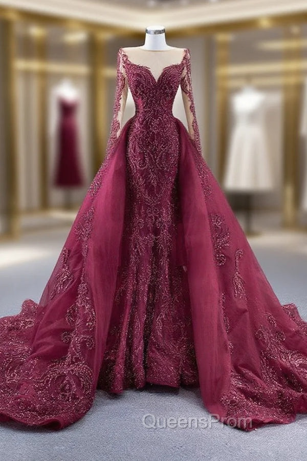 Burgundy Mermaid Long Sleeve Handwork Beading Evening Prom Dress