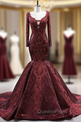 Burgundy Mermaid Long Sleeve V-neck Appliques Evening Prom Dress