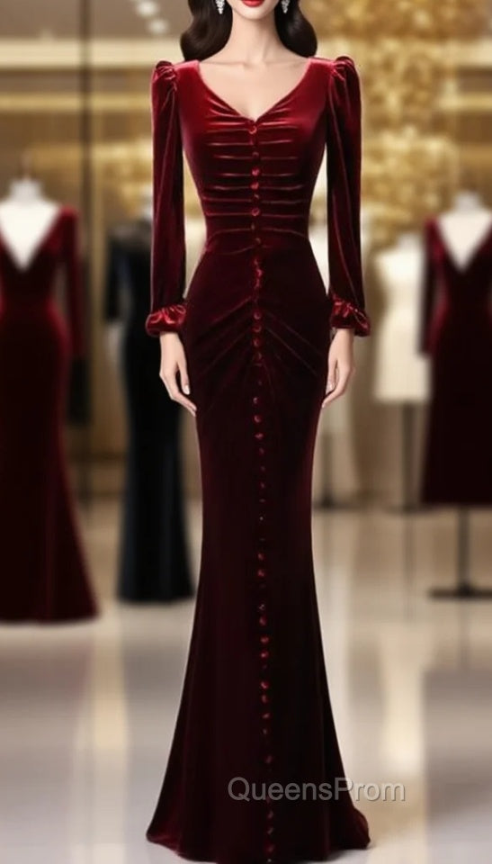 Burgundy Mermaid Long Sleeve Velvet Evening Prom Dress