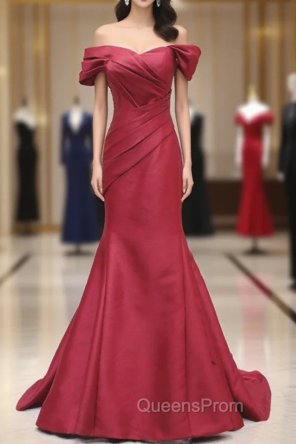 Burgundy Mermaid Satin Off the Shoulder Pleats Evening Prom Dress