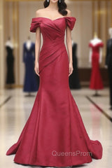 Burgundy Mermaid Satin Off the Shoulder Pleats Evening Prom Dress