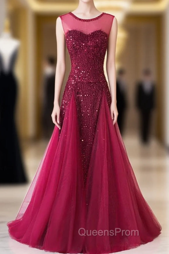 Burgundy Mermaid Sequins Backless Long Evening Prom Dress