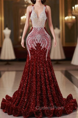 Burgundy Mermaid Sequins Backless Evening Prom Dress