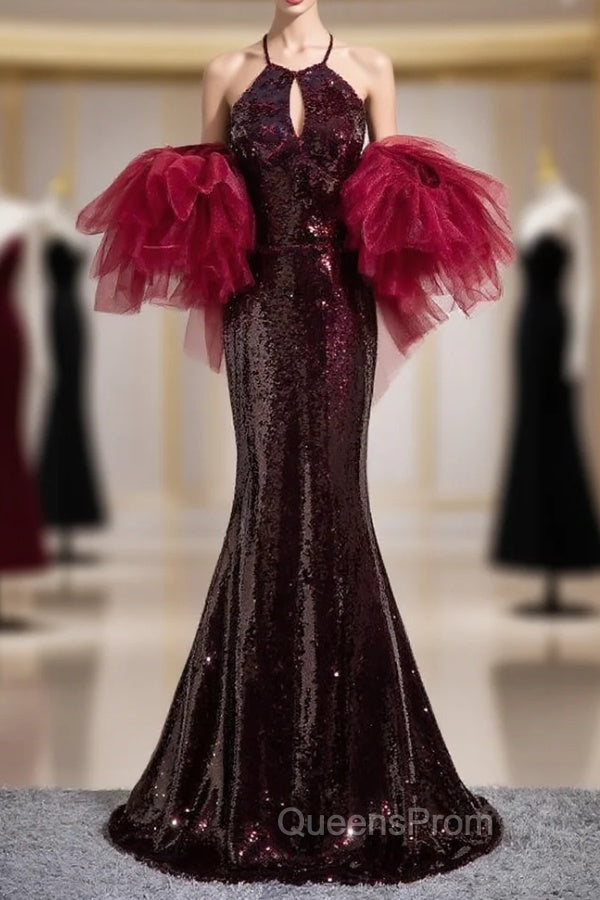 Burgundy Mermaid Sequins Halter Cut Out Evening Prom Dress