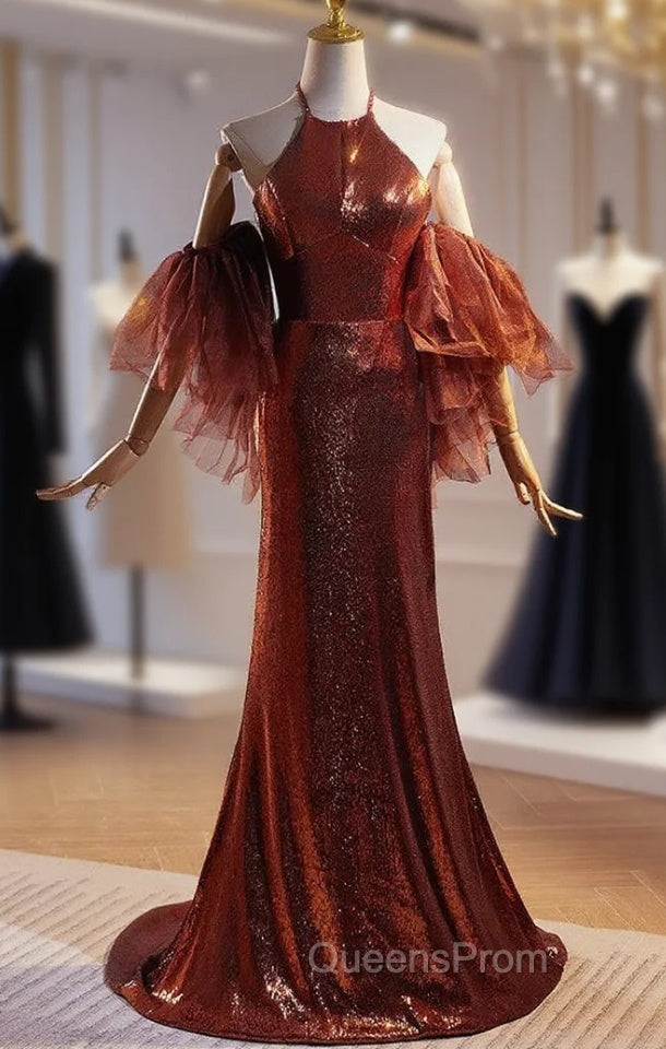 Burgundy Mermaid Sequins Halter Evening Prom Dress