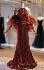 Burgundy Mermaid Sequins Halter Evening Prom Dress