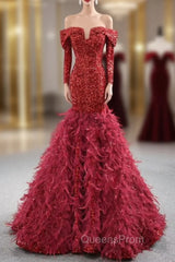 Burgundy Mermaid Sequins Off the Shoulder Long Sleeve Evening Prom Dress With Feather