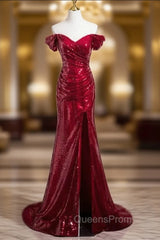 Burgundy Mermaid Sequins Pleats Split Evening Prom Dress