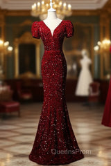 Burgundy Mermaid Sequins Puff Sleeve Evening Prom Dress