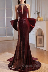 Burgundy mermaid Sequins Satin Bow Evening Prom Dress