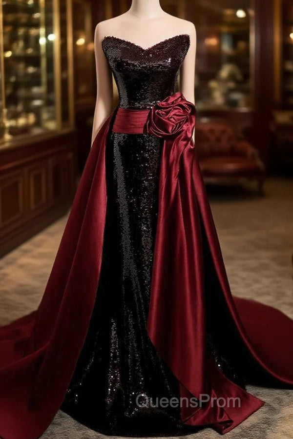 Burgundy Mermaid Sequins Satin Evening Prom Dress