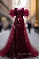 Burgundy Mermaid Sequins Strapless Evening Prom Dress With Detachable Train