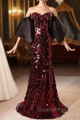 Burgundy Mermaid Sequins Strapless Evening Prom Dress