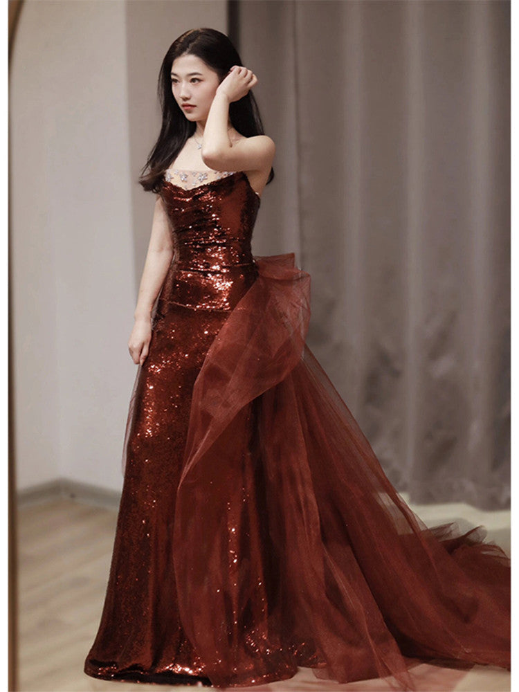 Burgundy Mermaid Sequins Tulle Strapless Classy Prom Dress Secondary image
