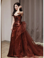 Burgundy Mermaid Sequins Tulle Strapless Classy Prom Dress