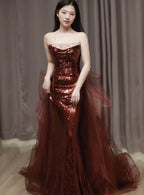 Burgundy Mermaid Sequins Tulle Strapless Classy Prom Dress
