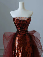 Burgundy Mermaid Sequins Tulle Strapless Classy Prom Dress