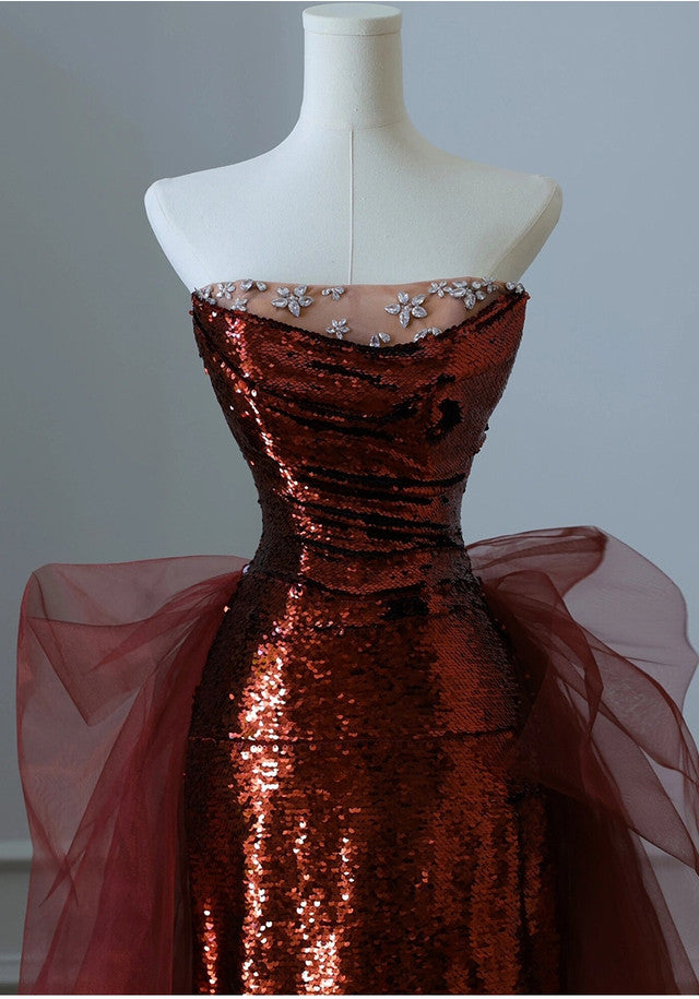 Burgundy Mermaid Sequins Tulle Strapless Classy Prom Dress