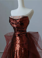 Burgundy Mermaid Sequins Tulle Strapless Classy Prom Dress