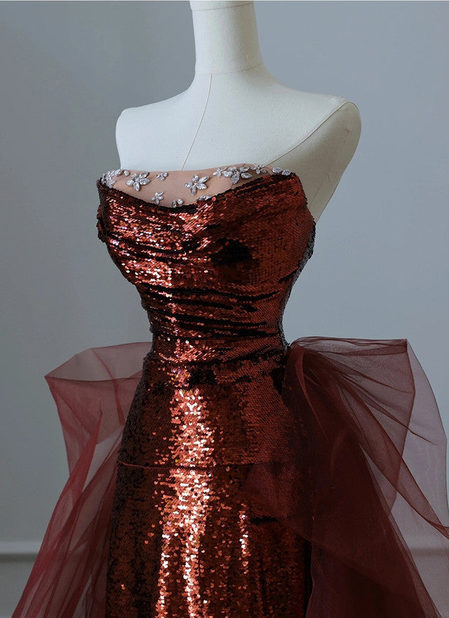 Burgundy Mermaid Sequins Tulle Strapless Classy Prom Dress