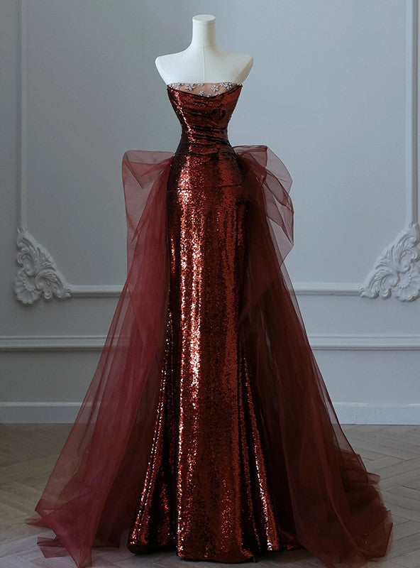 Burgundy Mermaid Sequins Tulle Strapless Classy Prom Dress Main image
