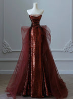 Burgundy Mermaid Sequins Tulle Strapless Classy Prom Dress