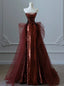 Burgundy Mermaid Sequins Tulle Strapless Classy Prom Dress