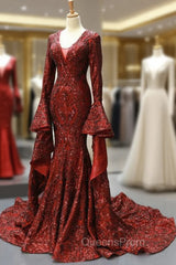 Burgundy Mermaid Sequins V-neck Flare Sleeve Backless Evening Prom Dress