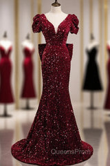Burgundy Mermaid Sequins V-neck Evening Prom Dress With Bow