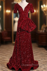 Burgundy Mermaid Sequins V-neck Evening Prom Dress