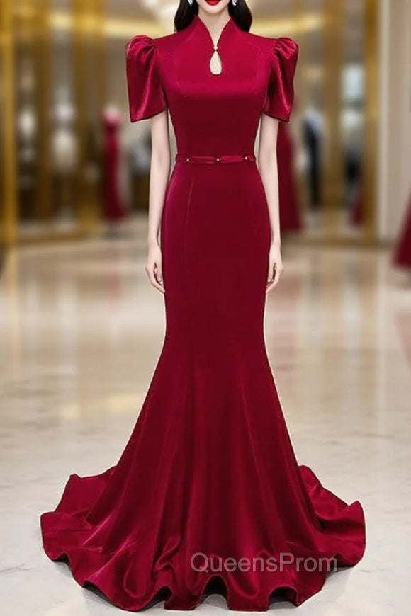 Burgundy Mermaid Short Sleeve High Neck Evening Prom Dress