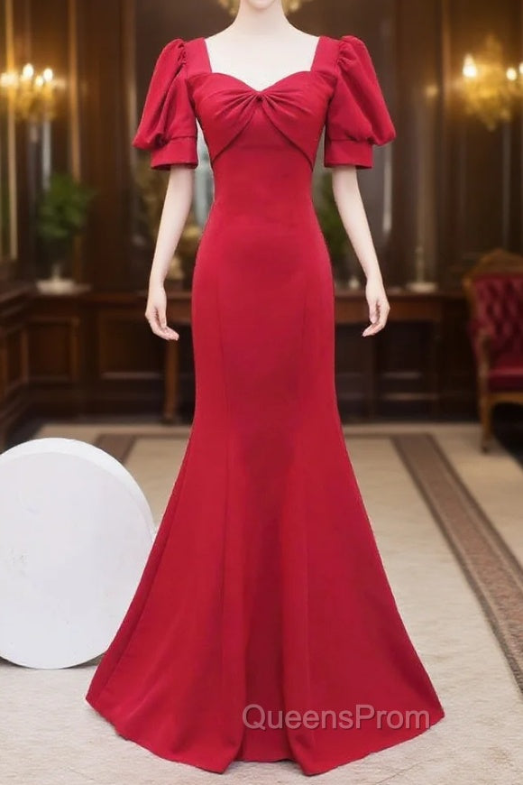 Burgundy Mermaid Short Sleeve Evening Prom Dress