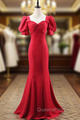 Burgundy Mermaid Square Short Sleeve Evening Prom Dress