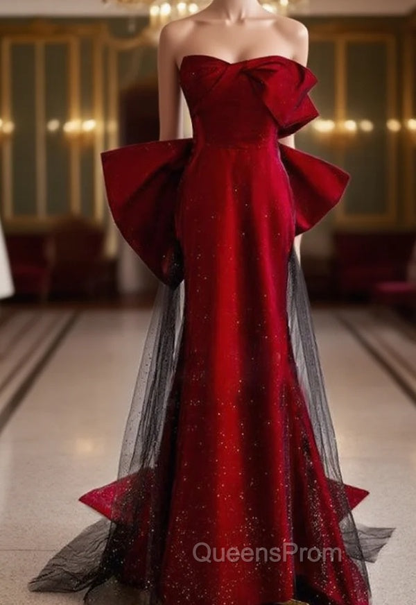 Burgundy Mermaid Strapless Bow Evening Prom Dress Main image