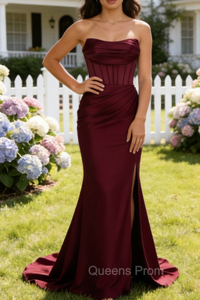 Burgundy Mermaid Strapless Pleated Corset Long Prom Dress with Slit