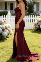 Burgundy Mermaid Strapless Pleated Corset Long Prom Dress with Slit