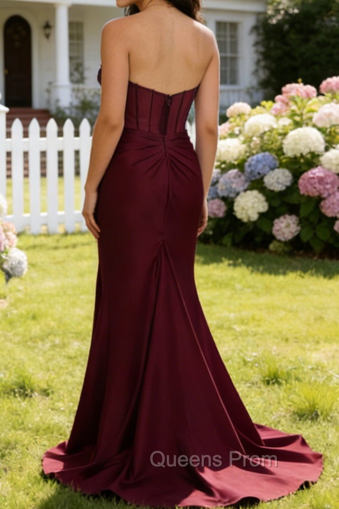 Burgundy Mermaid Strapless Pleated Corset Long Prom Dress with Slit